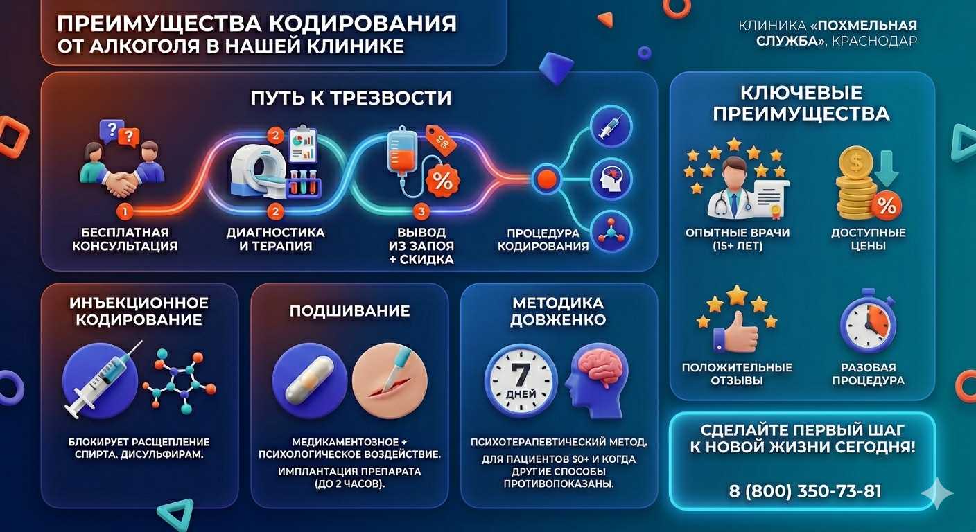 Инфографика о методах кодирования от алкоголя в Хоринске: инъекции, подшивание, метод Довженко. Преимущества клиники и этапы лечения.