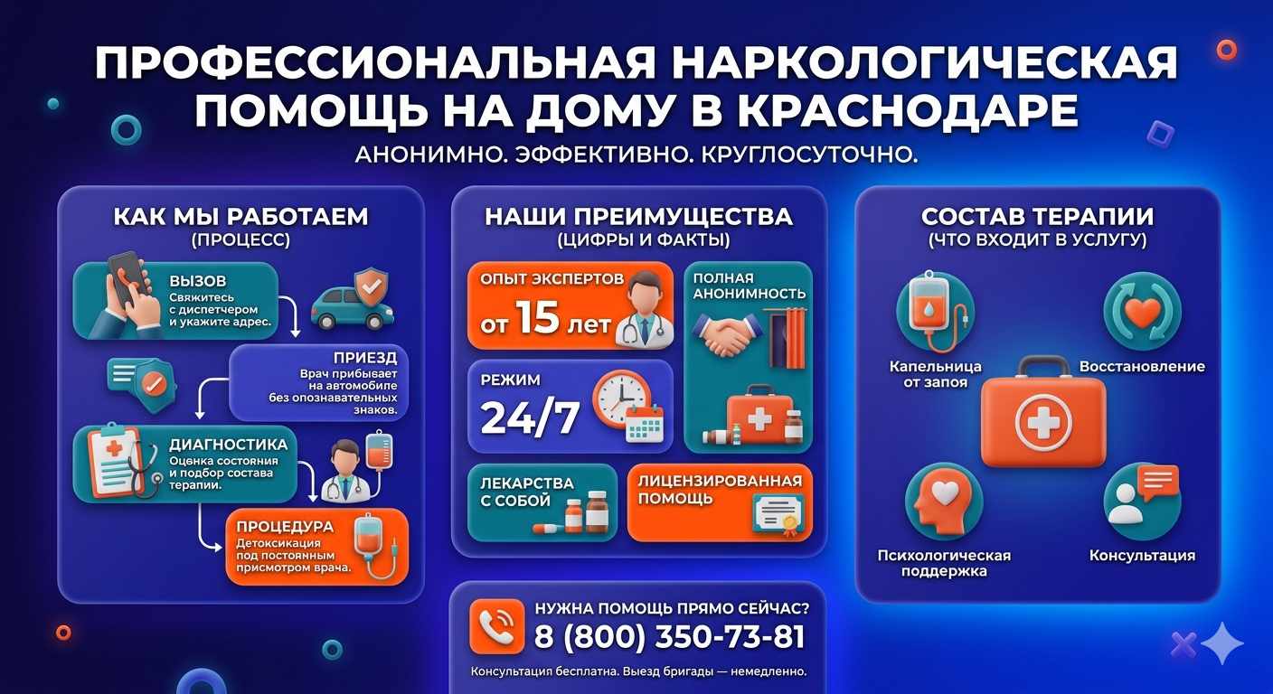 Инфографика о принципах лечения алкоголизма на дому в Хоринске: этапы вызова нарколога, преимущества анонимной детоксикации и состав медицинской помощи.